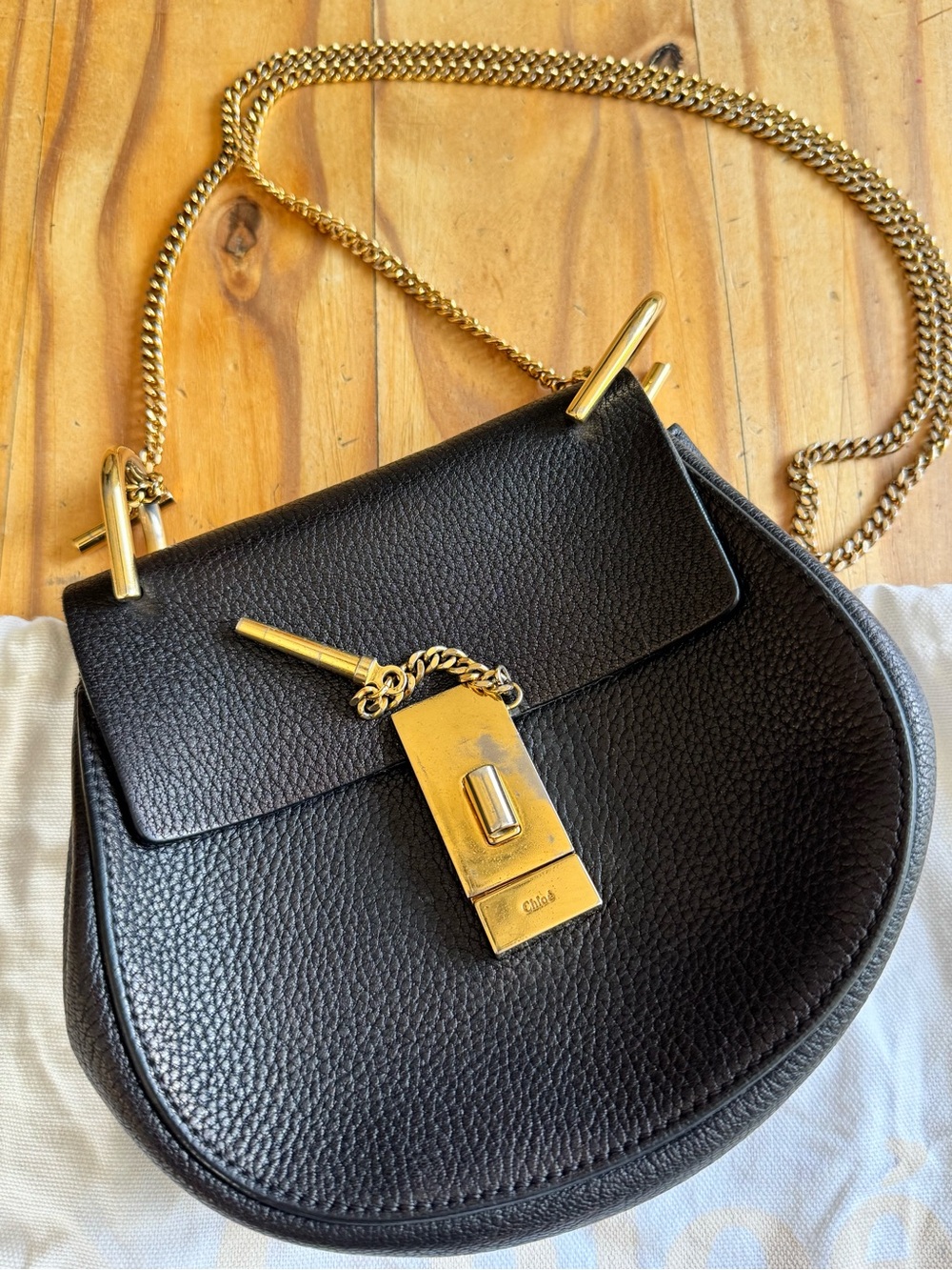 Chloé Drew Black Leather Shoulder Crossbody Bag – Gold Hardware